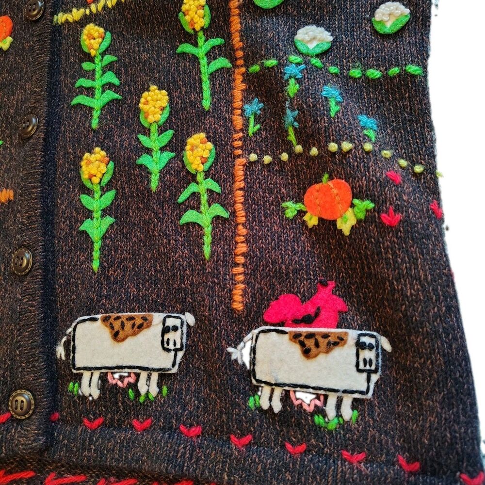 Vtg 90s Susan Bristol Farmcore Knit Cardigan M Sweater Cow Garden Cottagecore - Picture 10 of 11